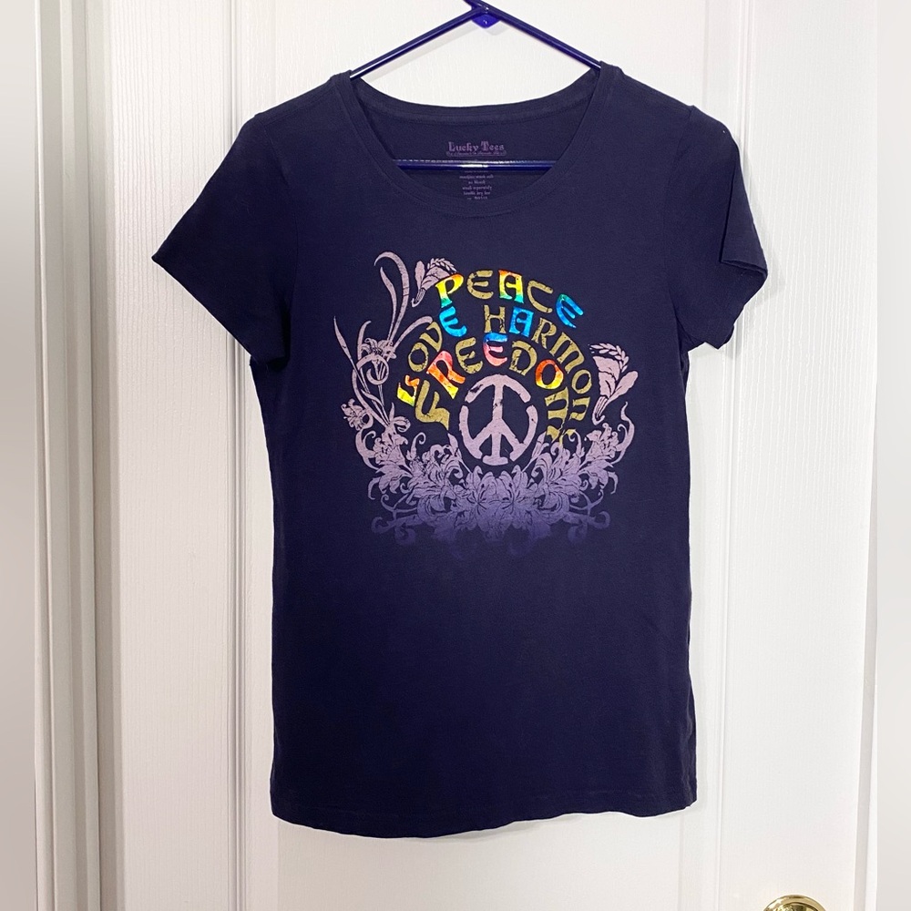 Y2K Lucky Brand Metallic Peace Love Harmony Freedom Graphic Tee Purple Small